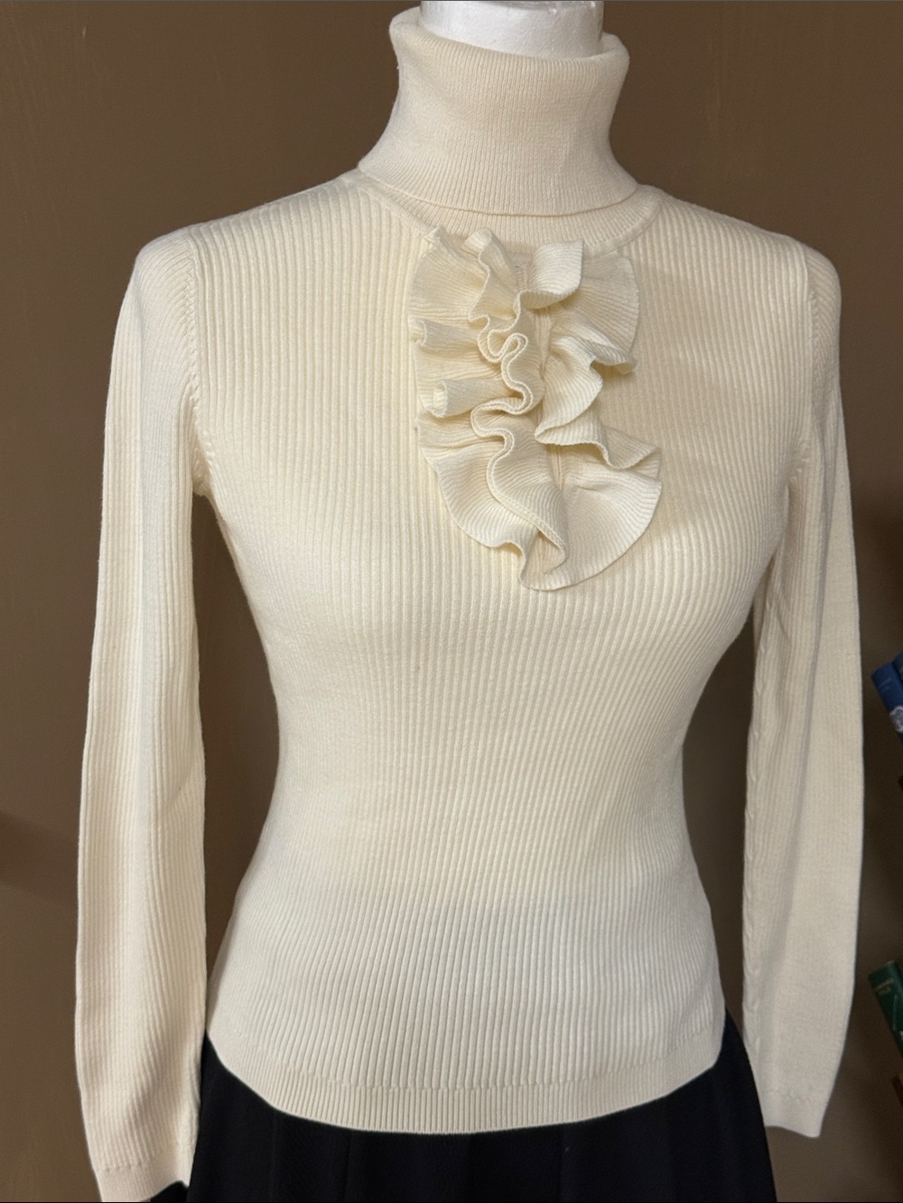 Talbots Cream Ribbed Turtleneck with Front Ruffle